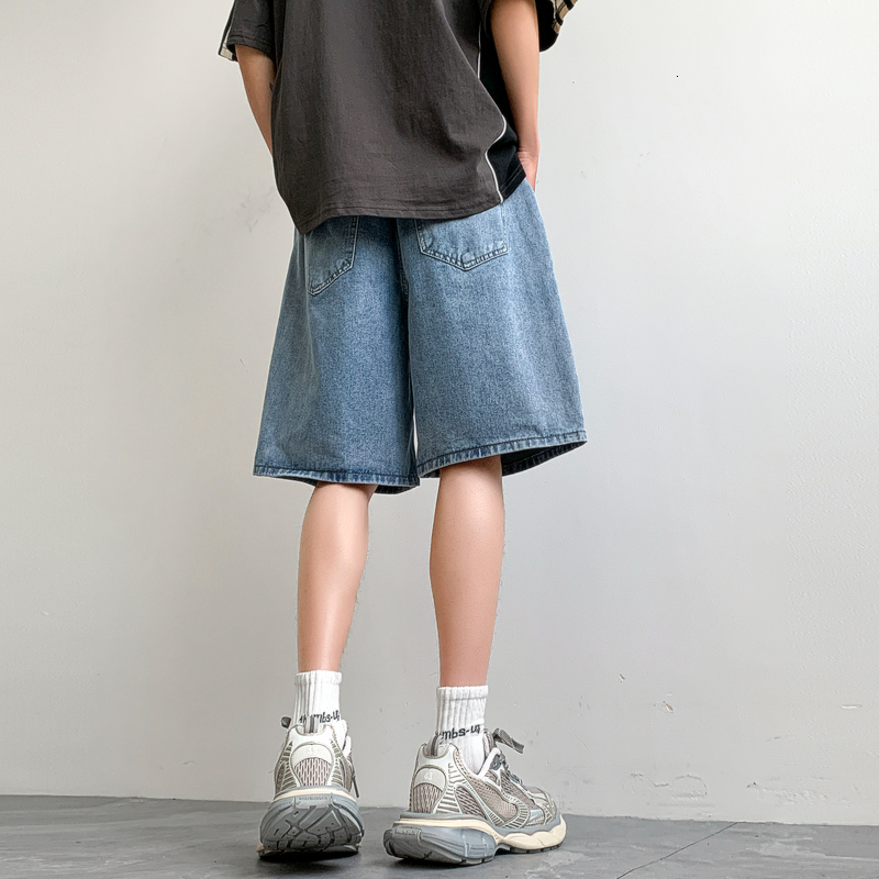 Denim shorts for men's summer loose fit straight leg shorts, American casual fashion brand five piece pants