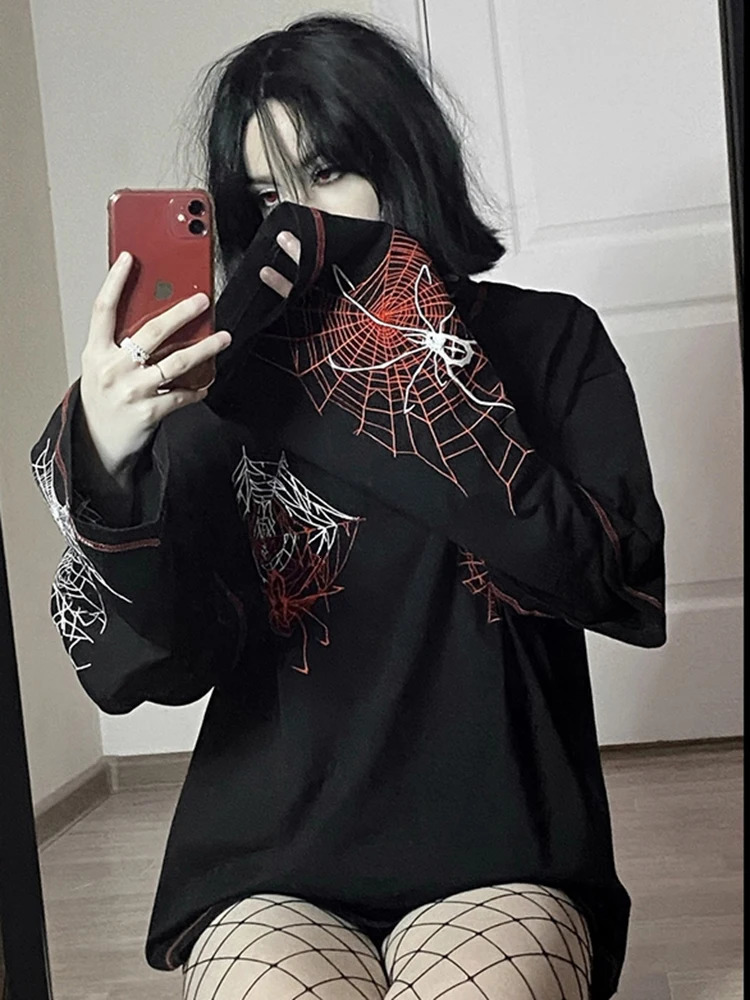 Y2K Long Sleeve Shirts Women Spider Web Graphic Print Top Spring Goth grunge Streetwear Loose Gothic Punk Top Women T Shirt emo 240717