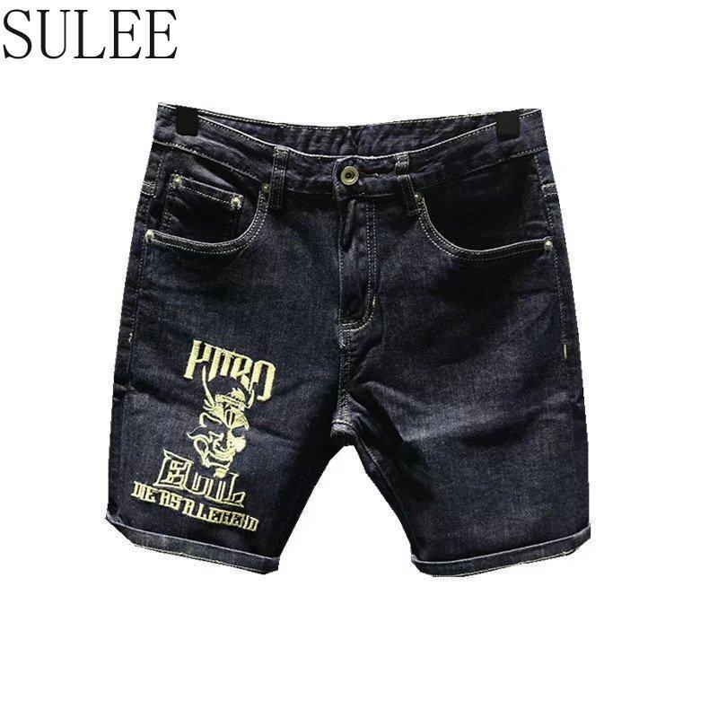 SULEE Men's Fashion Casual Slim Fit High Quality Short Jeans Men Embroidery Street Denim Shorts