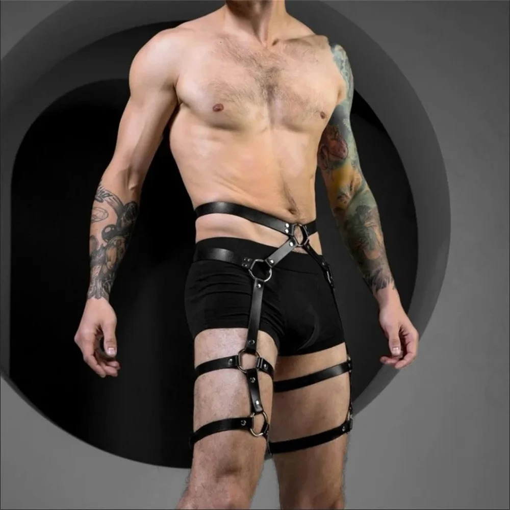 Sexy Suspenders Men Fashion Leather Belts BDSM Leg Harness Harajuku Gothic Punk Fetish Gay Clubwear Lingerie Garters Accessories 240711