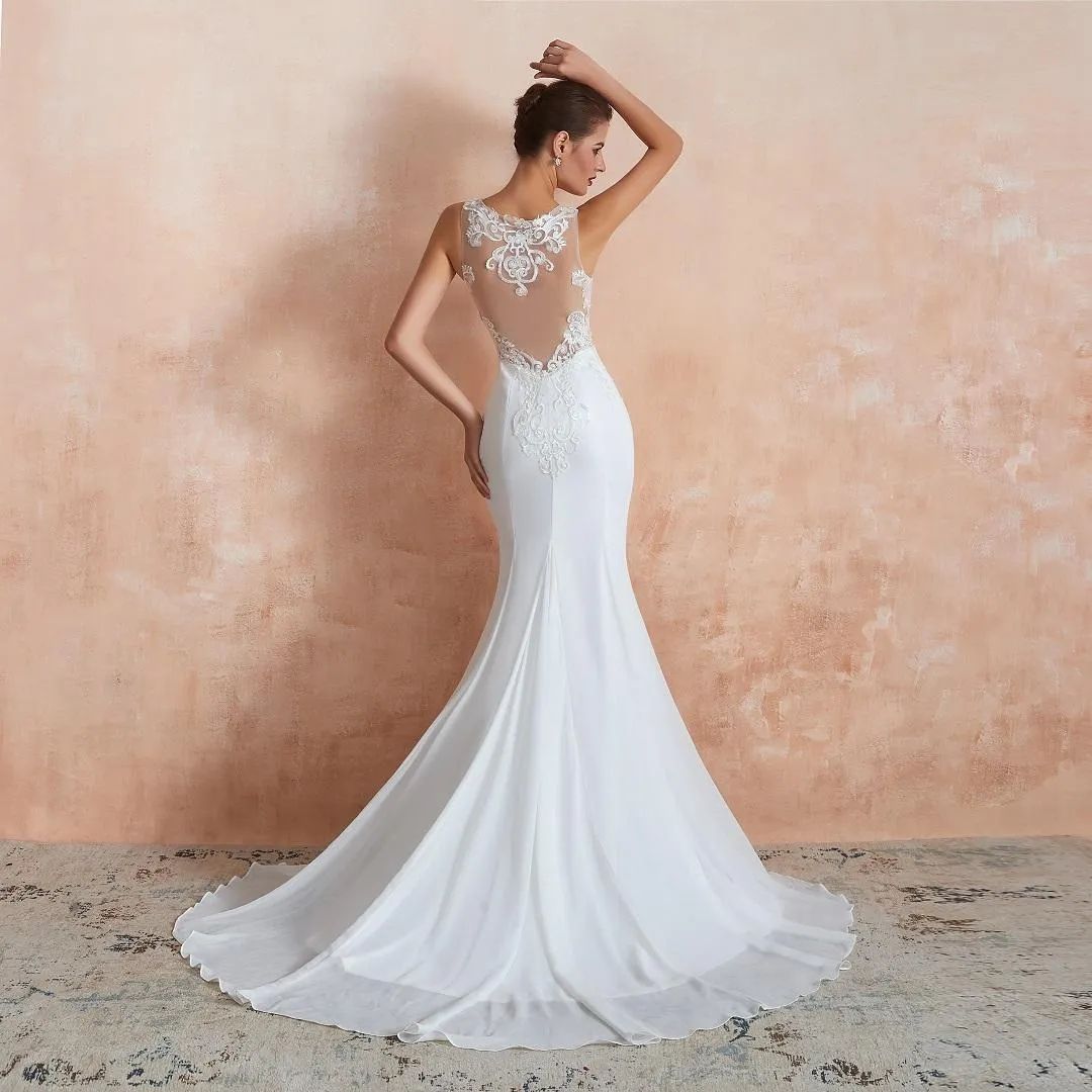2024 Boho Garden Mermaid Wedding Gowns Sheer Neck Lace Appliques Illusion Back Brides Dresses Simple Chiffon Sweep Train robes de Summer Beach Vestido