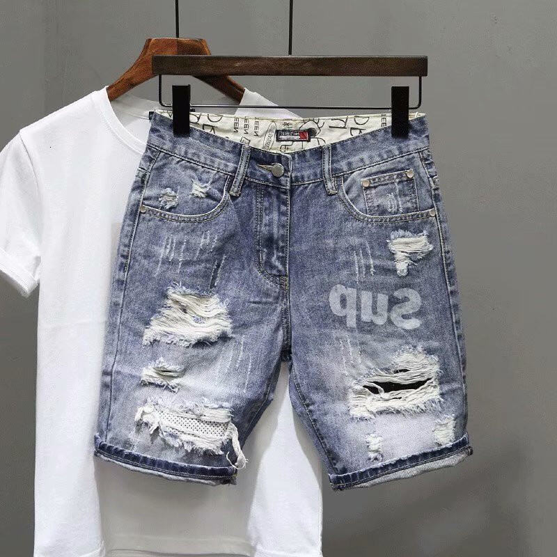 Summer Thin Print Ripped Denim Shorts Men's Loose Straight-leg Fifth K-style Trendy Japanese Style Pants