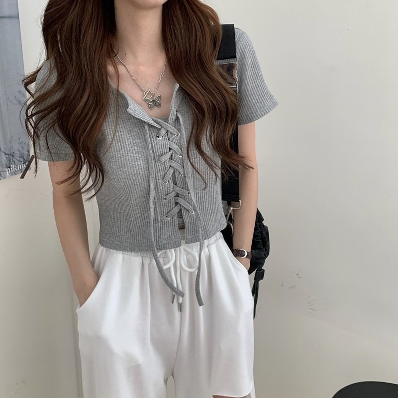 Korean Summer New Women Slim Versatile Lace-up Design Short Sleeve Top T-shirt