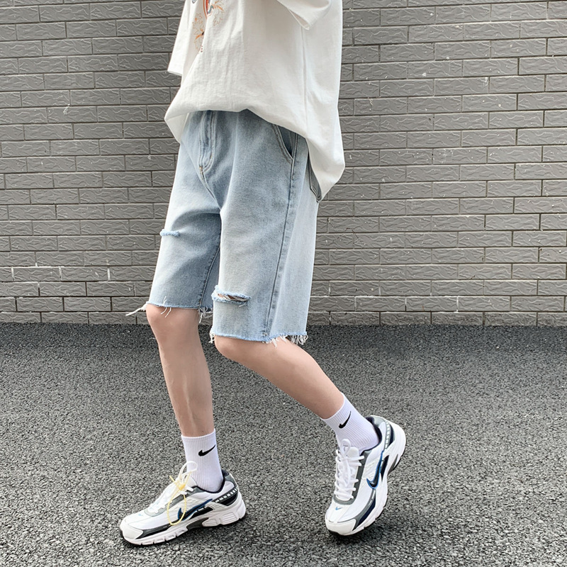Broken hole shorts for men, loose and five quarter brand denim mid horse pants, trendy summer thin design
