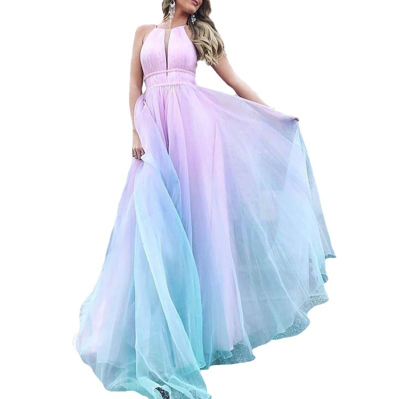 Women's Big Swing Waist Gradient Dress Sexy Deep V-Dress Long Dress