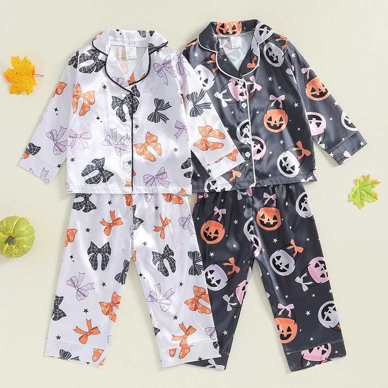 Suefenskry Childrens and Girls Halloween Pajama Set Long Sleeve Collar Pumpkin/Bow Print Shirt Pants Autumn Pajamas Casual Home ClothesW240716