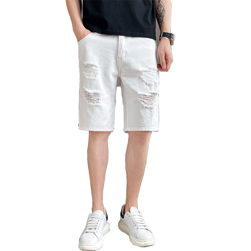 Trendy brand ripped shorts men's Korean washed mid length summer thin white denim five quarter pants