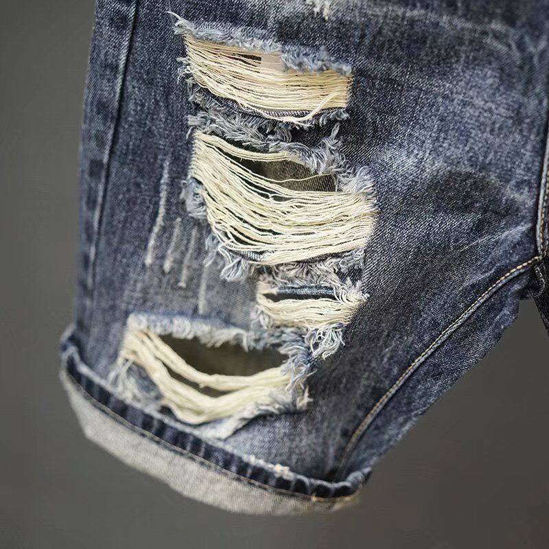 SEV414 Summer light-colored denim shorts men's brand loose straight outerwear Korean style fashion ripped middle cropped pants