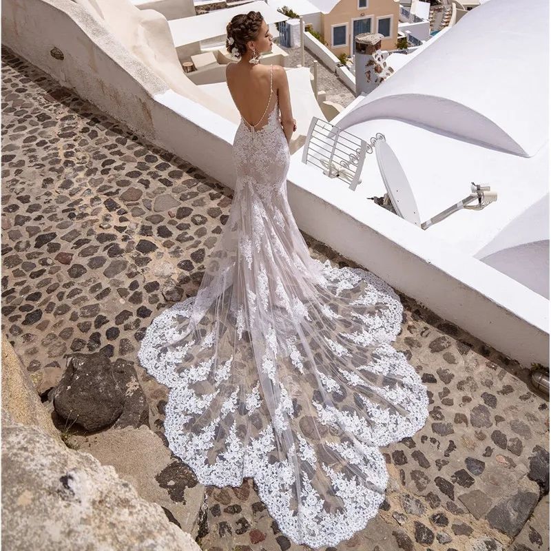 Sexy Backless Mermaid Wedding Dresses Bridal Gowns Full Lace Appliqued Sweetheart Neck Spaghetti Straps Boho Beach Bride Dress Custom made