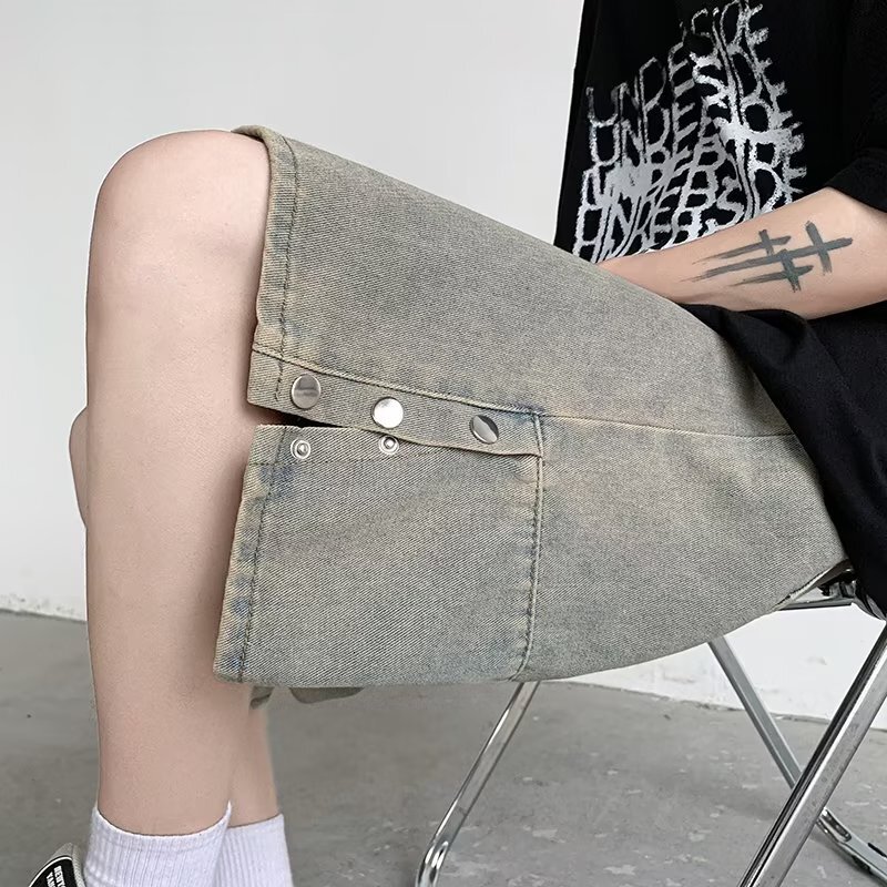 Denim shorts for men and women, Korean style trendy buckle slit, high street summer new ins five quarter pants