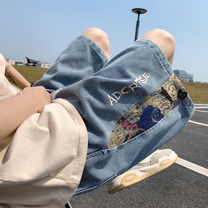 Little Bear Splicing Cowboy Shorts for Men in Summer, Thin, Loose, Large, Casual, American Trendy Brand, 5/10 Mid Pants