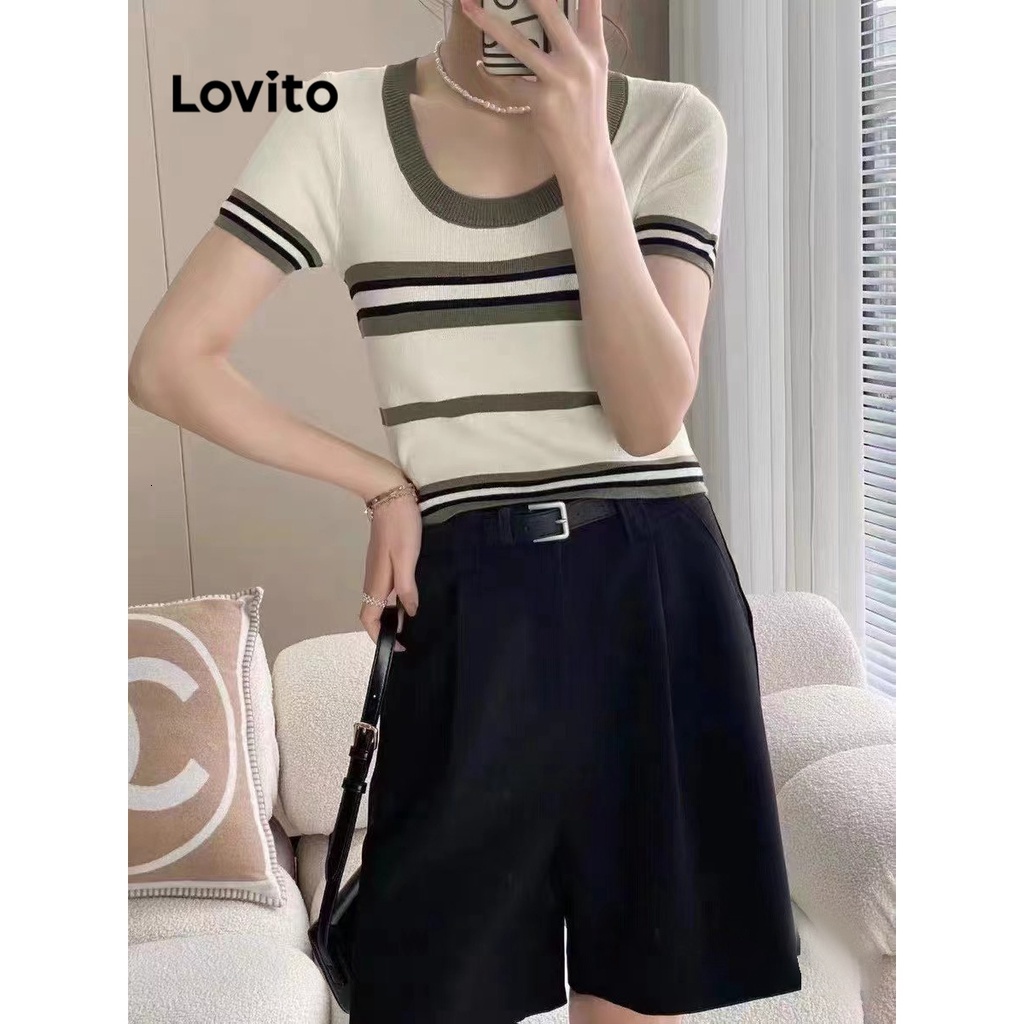 Lovito Casual Striped Short Sleeve T-Shirt for Women LNA21137 Apricot/Black