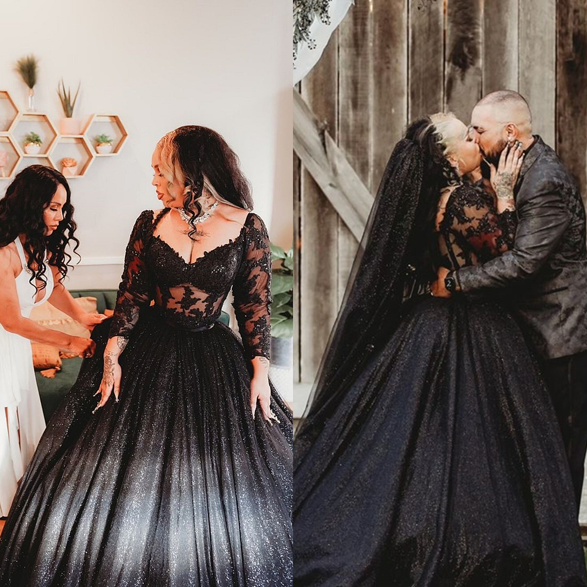 Long Sleeves Black Gothic Wedding Dresses V-Neck Illusion A-Line Glitter Sequins Tulle Bridal Gowns Corset Bodice 2024 Outdoor Vestido De Novia