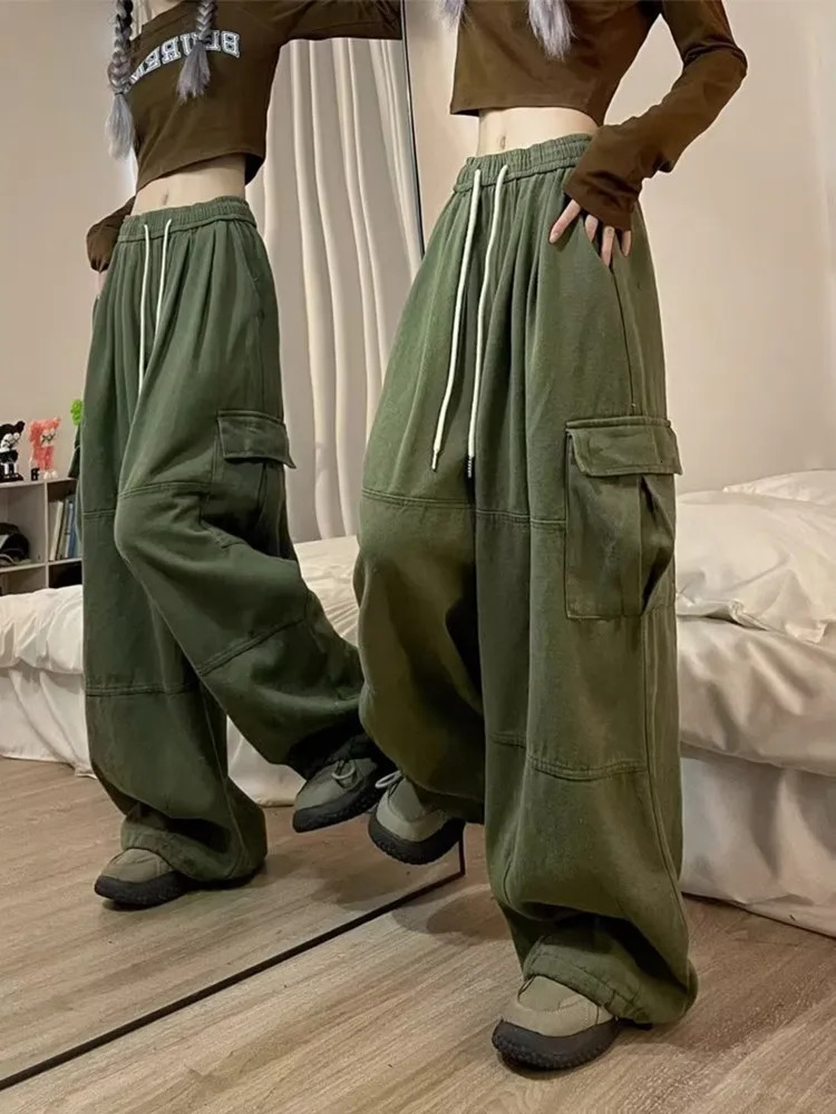 South Korean Y2K Fashion Brushed Casual Luggage Jeans Straight Wide Leg Sports Pants Trousers 240718