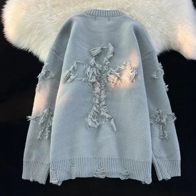 Autumnand y2k Streetwear Men Retro Hole Fringed Sweater Loose Versatile For And Women Long Sleeve 240715