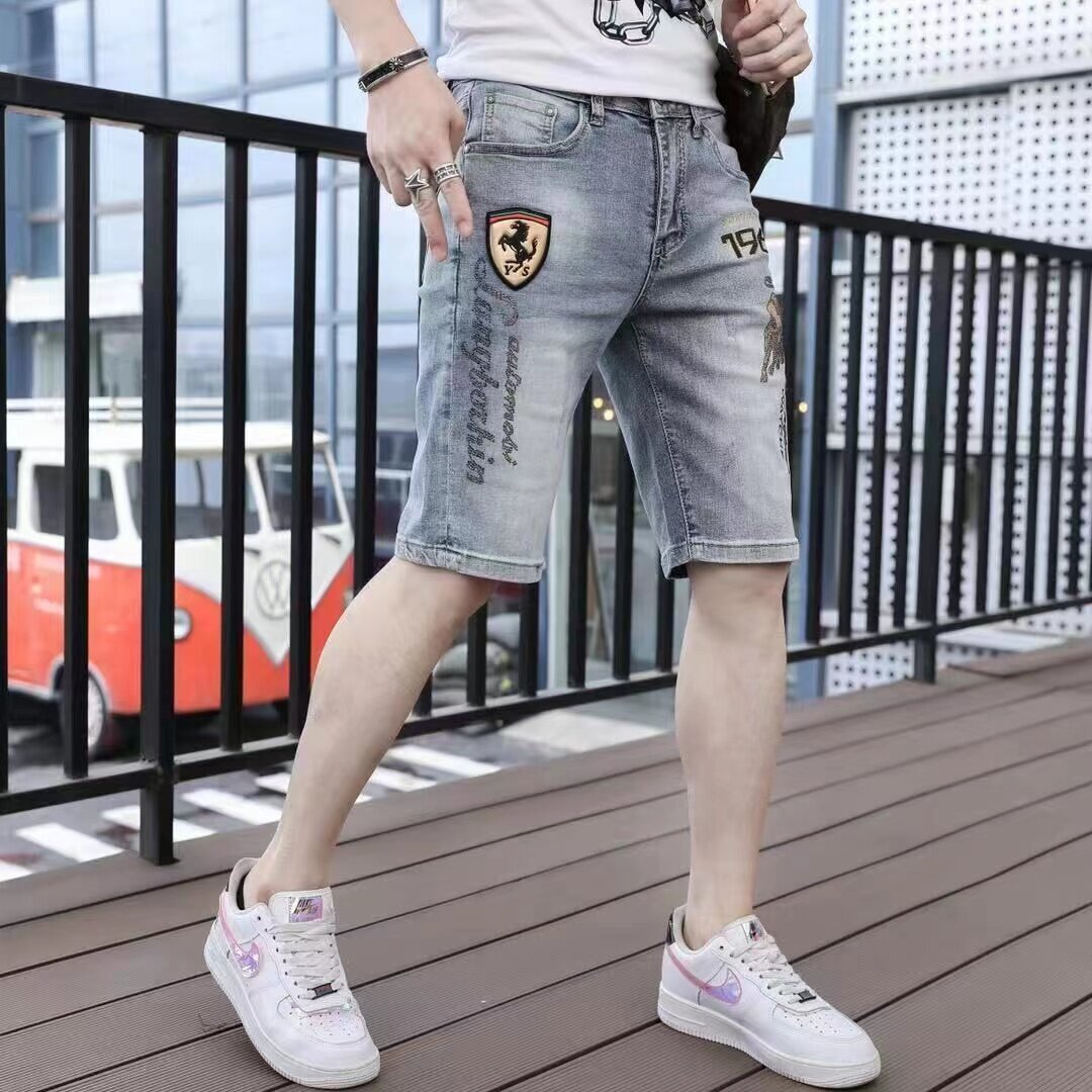 European station men's Denim Shorts summer cropped trend slim fitting breeches casual elastic pants