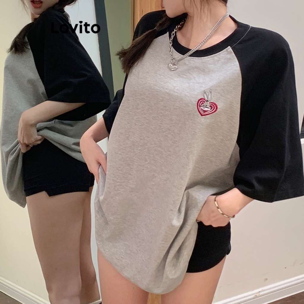 Lovito Casual Patchwork Contrast Binding T-Shirt for Women LNA17117 (Grey)
