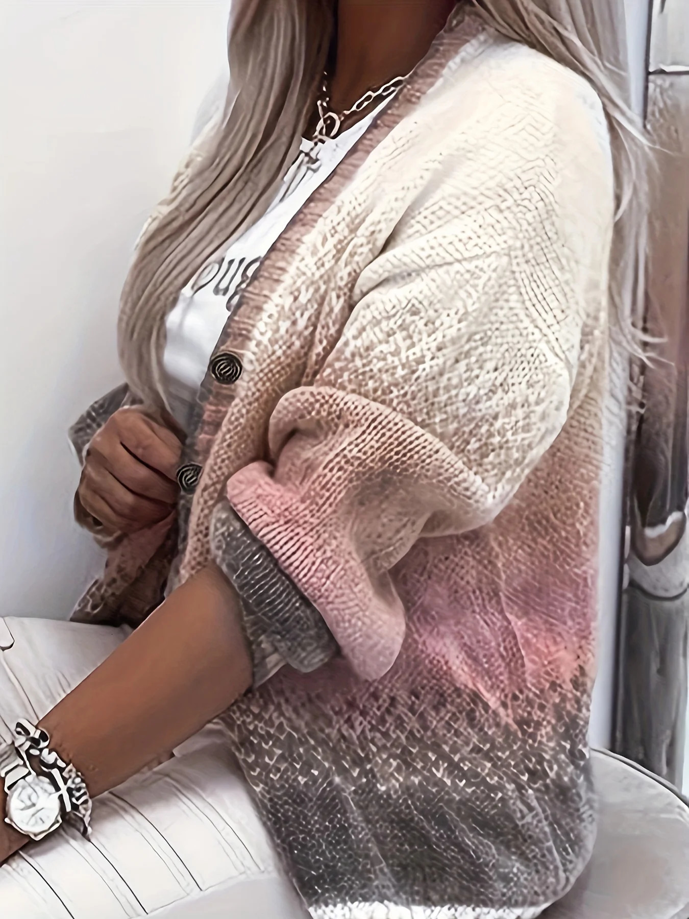 Color Block Button Down Knit Cardigan Casual Long Sleeve Comfy Sweater Womens Clothing 240717