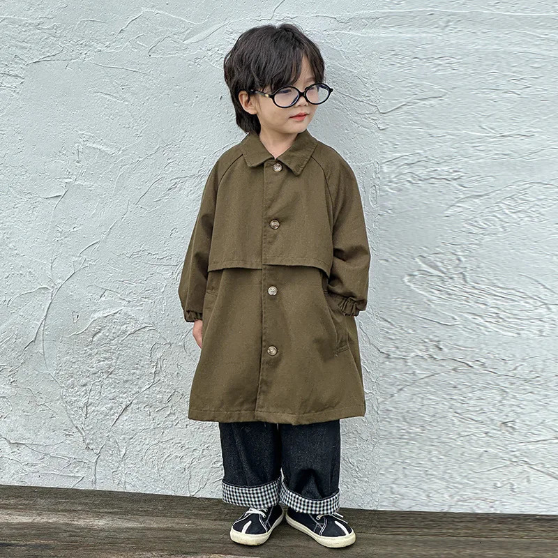 Childrens Coat Autumn Mid-long Girls Trech Coats Solid Lapel Boys Windbreaker Jacket Toddler Kids Cotton Outerwear Trench 240711