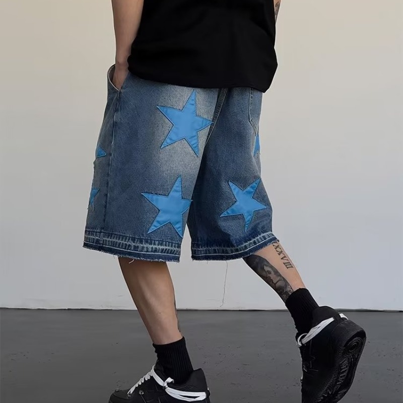 Denim shorts men's summer brand pentagram patch leather embroidery washed loose straight tube versatile wide leg five quarter pants trend