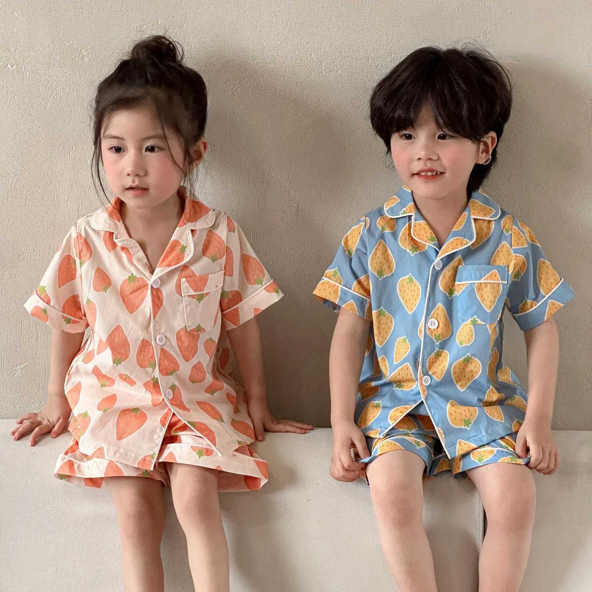 New Summer Baby Pajamas Boys and Girls Childrens Printed Thin Short sleeved Top+Short sleeved Pajamas 2-piece Childrens Cotton Pajama SetW240716