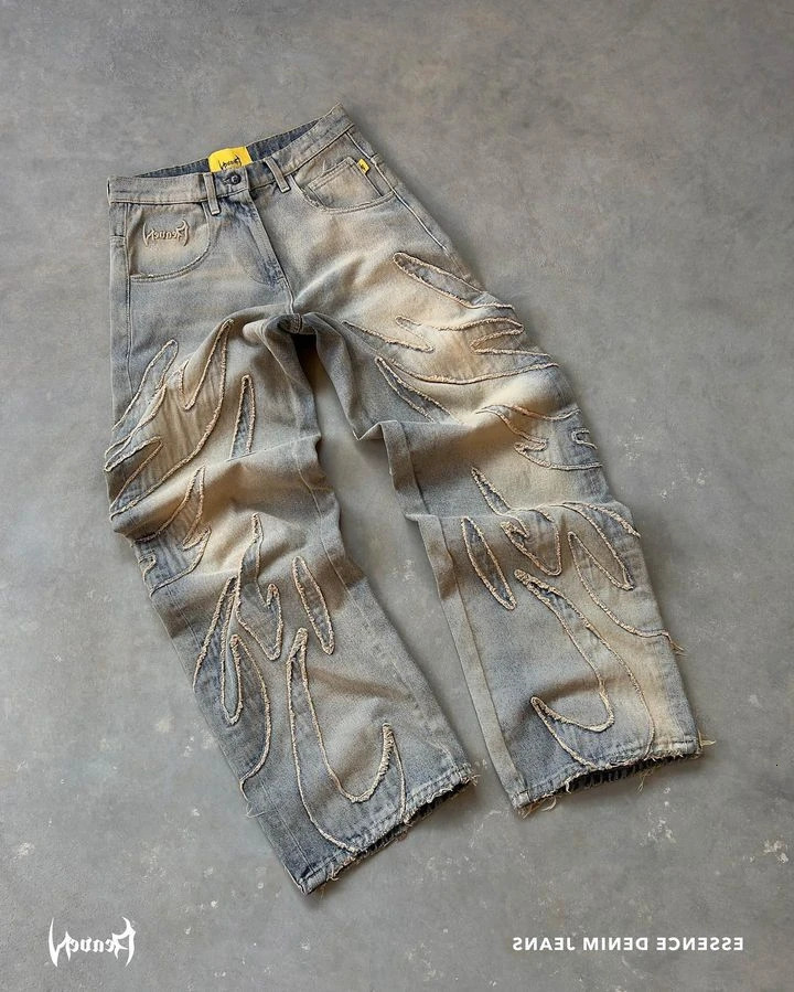 Streetwear Jeans Y2K Pants Punk Rock Hip Hop Embroidered Retro Baggy Mens High Waisted Wide Leg Trousers Clothes 240719