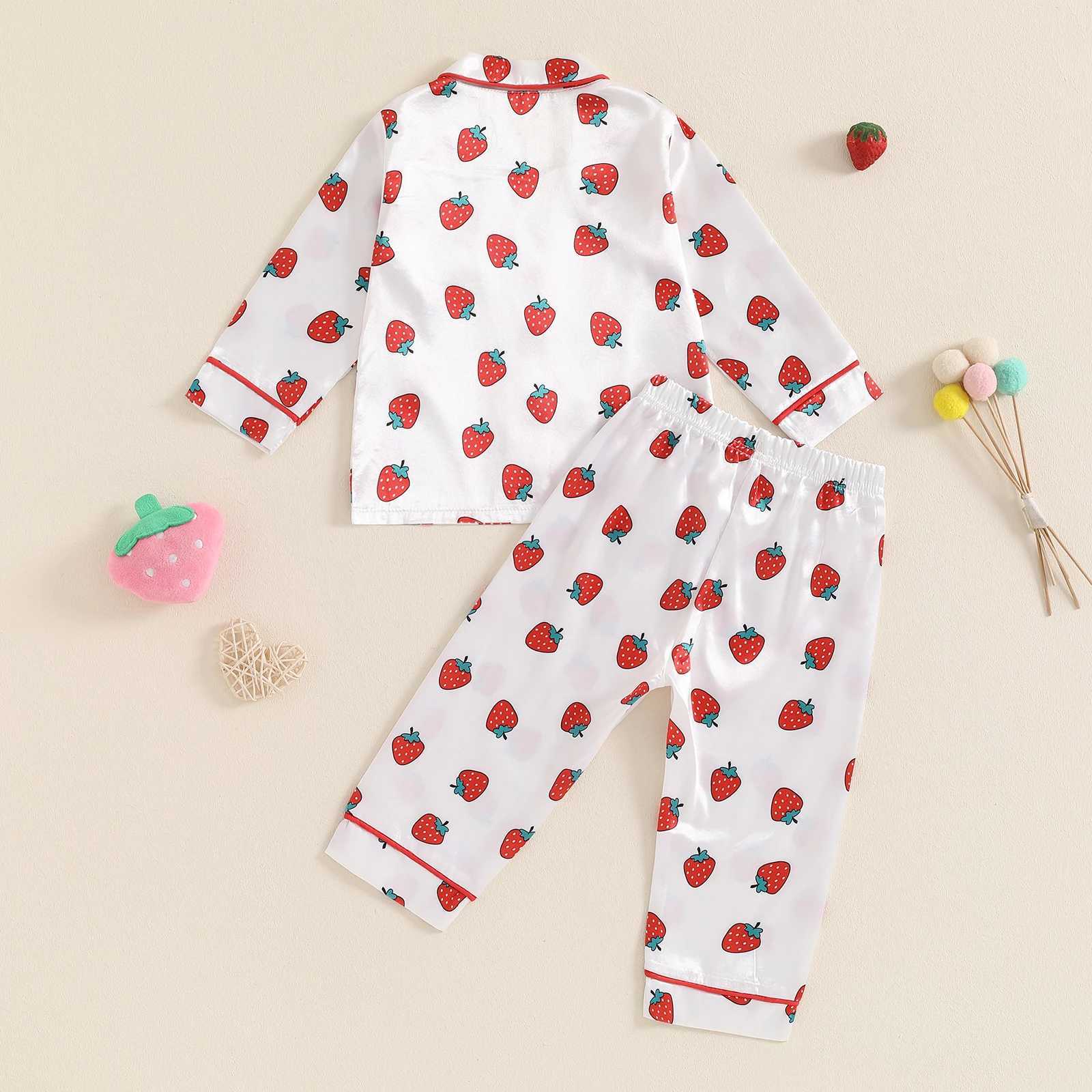 Autumn Childrens and Girls Satin Pajama Set Printed Long Sleeve Button Shirt Elastic Waist Pants W240716