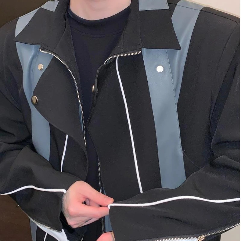 Korean Street Casual Mens Jacket Patchwork Leather High Street Motorcycle Coats Loose Shoulder Pads Zipper Lapel Outwear Y2K 240716