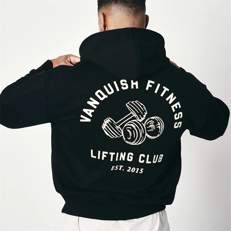 Black Unconquerable Oversized Pullover Hoodie Jogger Gym Sports Fitness Mens Sweatshirt Cotton Round Neck Printed 240718