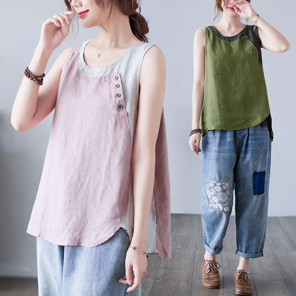 Summer ethnic style women's loose base top outside and a small vest for wearing on the inside