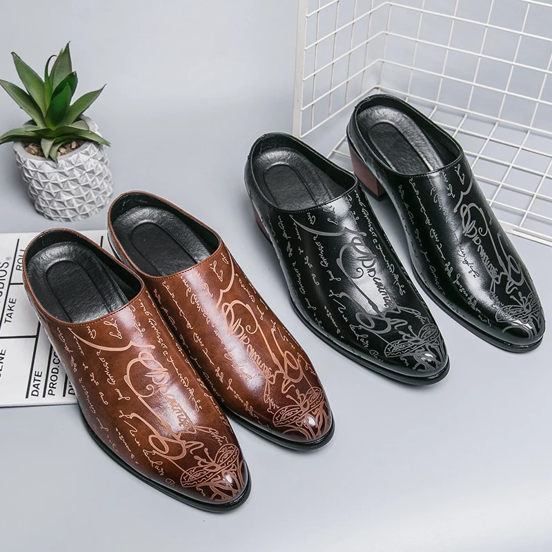 Summer High Heel Mules Men Half Shoes For Man Leather Slippers Mens Casual Shoes Formal Loafers Dress Male Slides Sandals 240718
