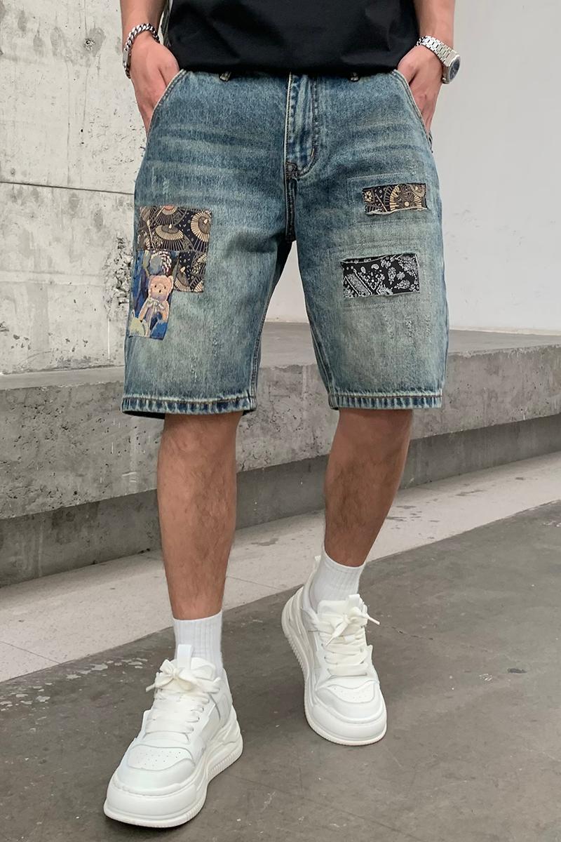2024Trendy brand denim shorts with embroidered patches and patches, men's summer new style, personalized straight leg plus size five quarter pant