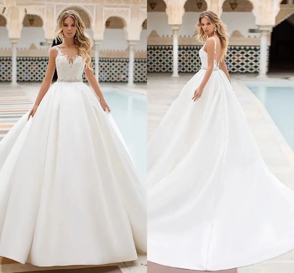 Modern White Satin Ball Gown Wedding Dresses Lace Boho Garden Bridal Gowns Puffy Princess Sexy Backless Women Bride Robes de Mariee Custom Made
