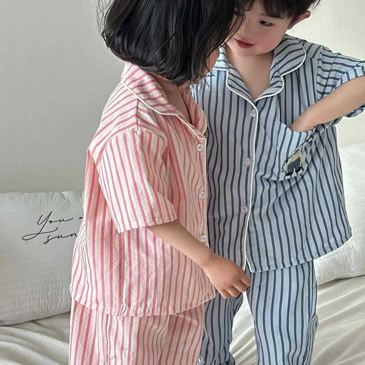 Childrens summer clothing set Korean boys and girls fashion striped cotton pajamas childrens simple soft breathable home clothesW240716