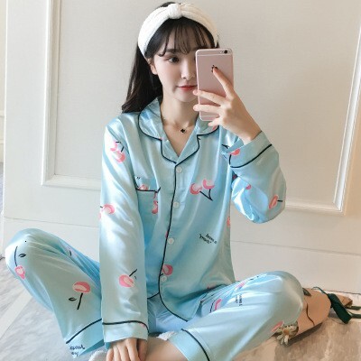 High quality women's pamas Korean long-sleeved loose suit ladies cardigan sexy ice silk home service