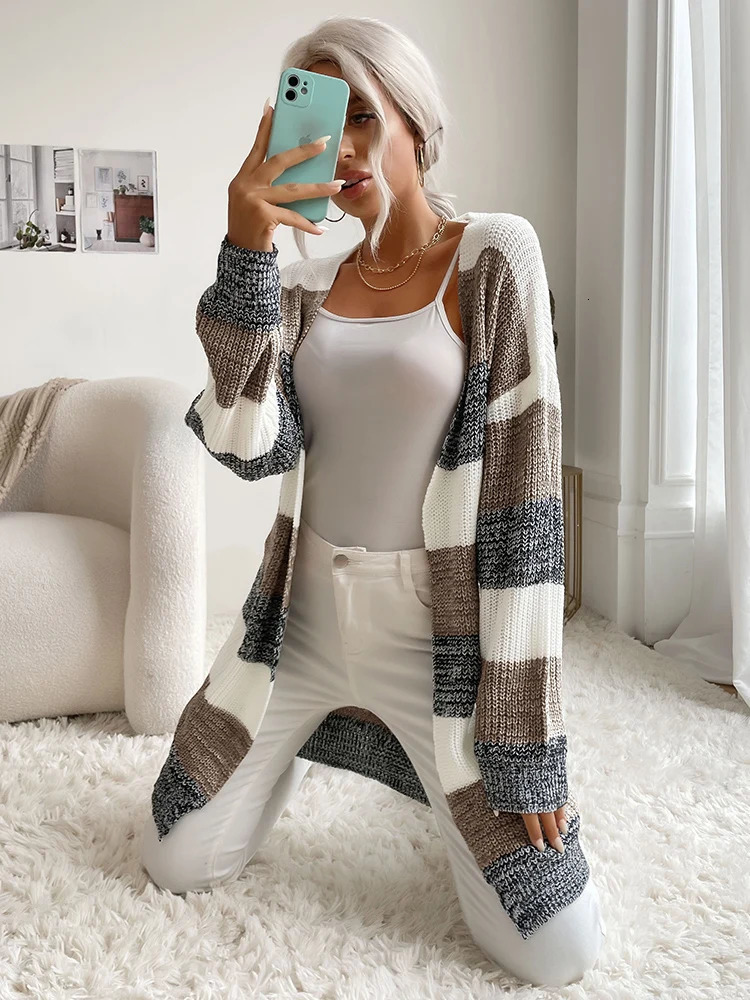 JIM NORA Autumn Women Cardigan V-neck Knitted Sweater Fashion Warm Holiday Cardigan Colourblock Soild Colour Coat 240717
