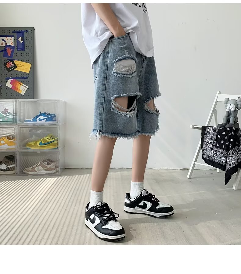 Perforated denim shorts summer thin, loose, straight leg pants, trendy Instagram for men's casual 5-point medium pants