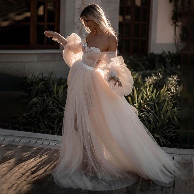 Sexy Off Shoulder Lace Applique Beach Wedding Dress Boho Puffy Sleeves Bridal Gown Sleeveless Vestidos de Novia Custom Made 01
