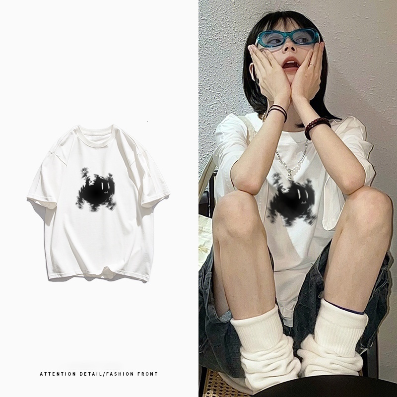 Korean Style Cotton Short Sleeve Polo T-shirt Loose Printed Unique Oversized Tops Women