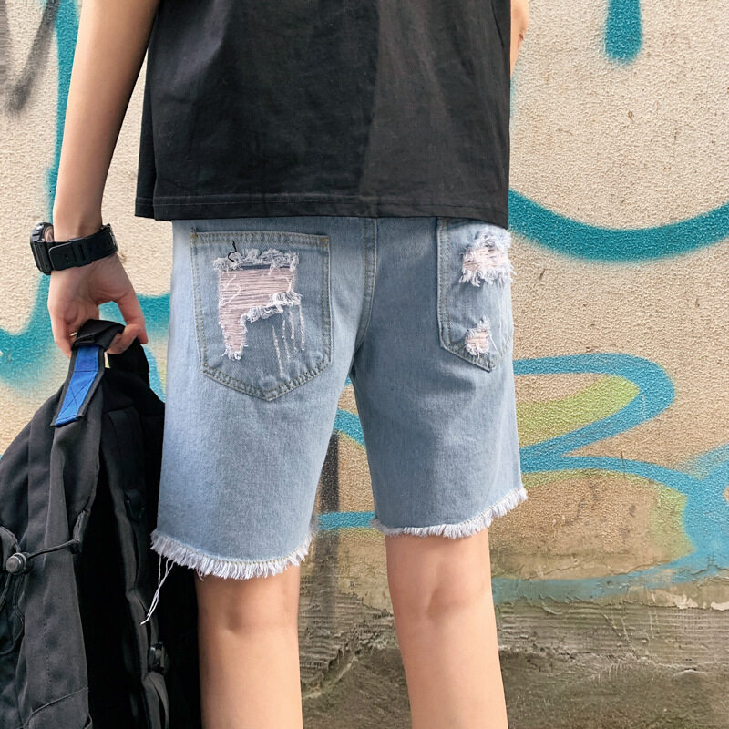 MARK BELT Summer hole Printed denim shorts Hip-hop slim Ripped jeans