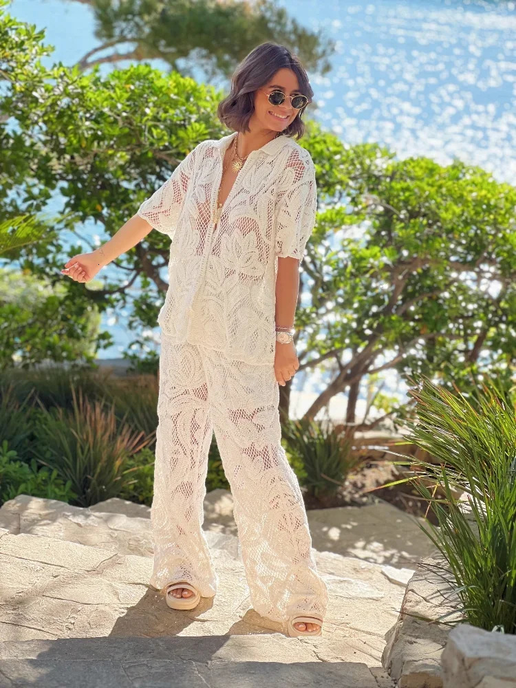Fashion Crochet Hollow Out Trousers Suit Women Casual Short Sleeved Single Breasted Top Wide Leg Pant Set Lady Vacation Sets 240709