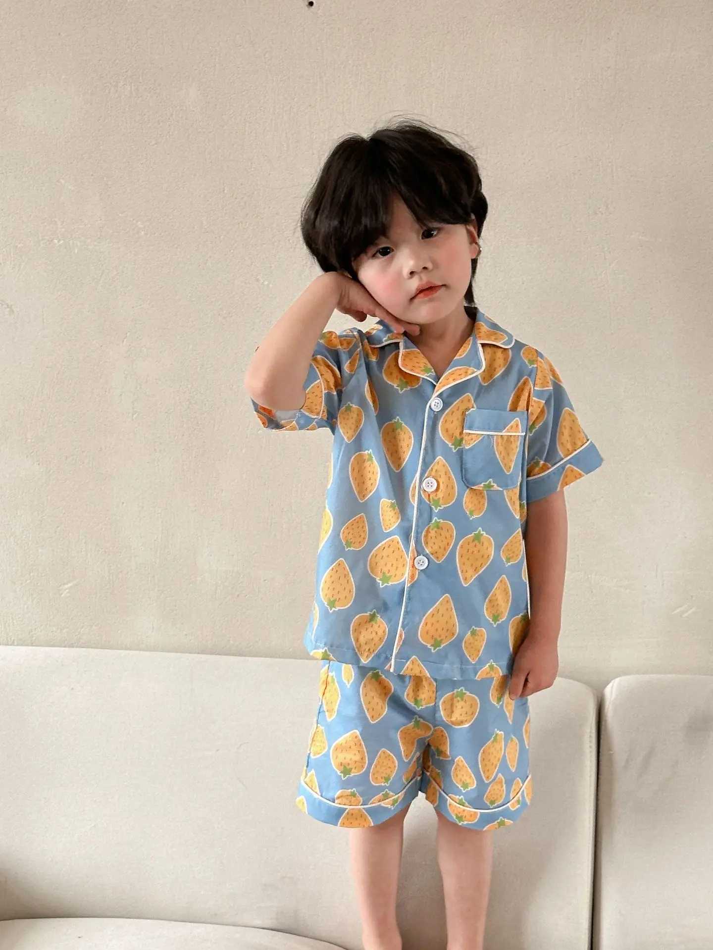 New Summer Baby Pajamas Boys and Girls Childrens Printed Thin Short sleeved Top+Short sleeved Pajamas 2-piece Childrens Cotton Pajama SetW240716