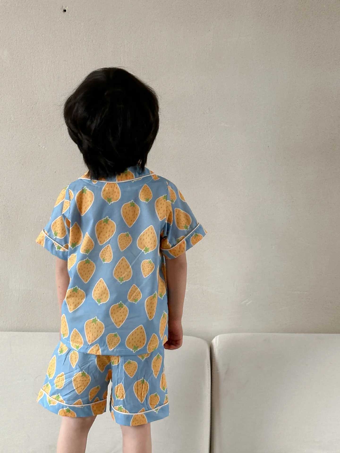 New Summer Baby Pajamas Boys and Girls Childrens Printed Thin Short sleeved Top+Short sleeved Pajamas 2-piece Childrens Cotton Pajama SetW240716