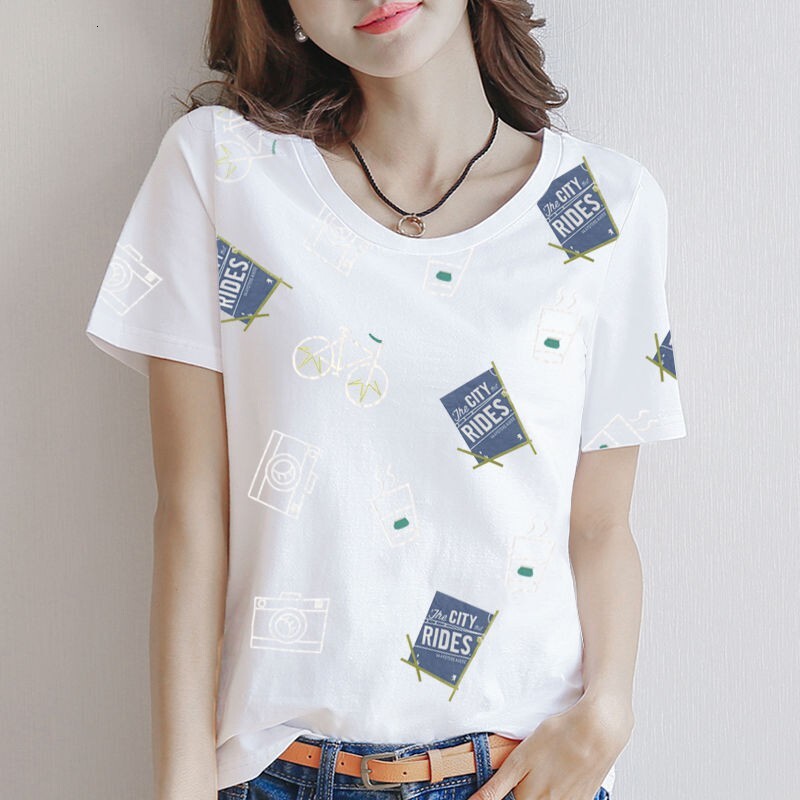 2024 Al2024 Printed Short Sleeve T-shirt 95 Cotton Loose and Versatile Round Neck Women's Top Trendy Bogu123.sg 8.17
