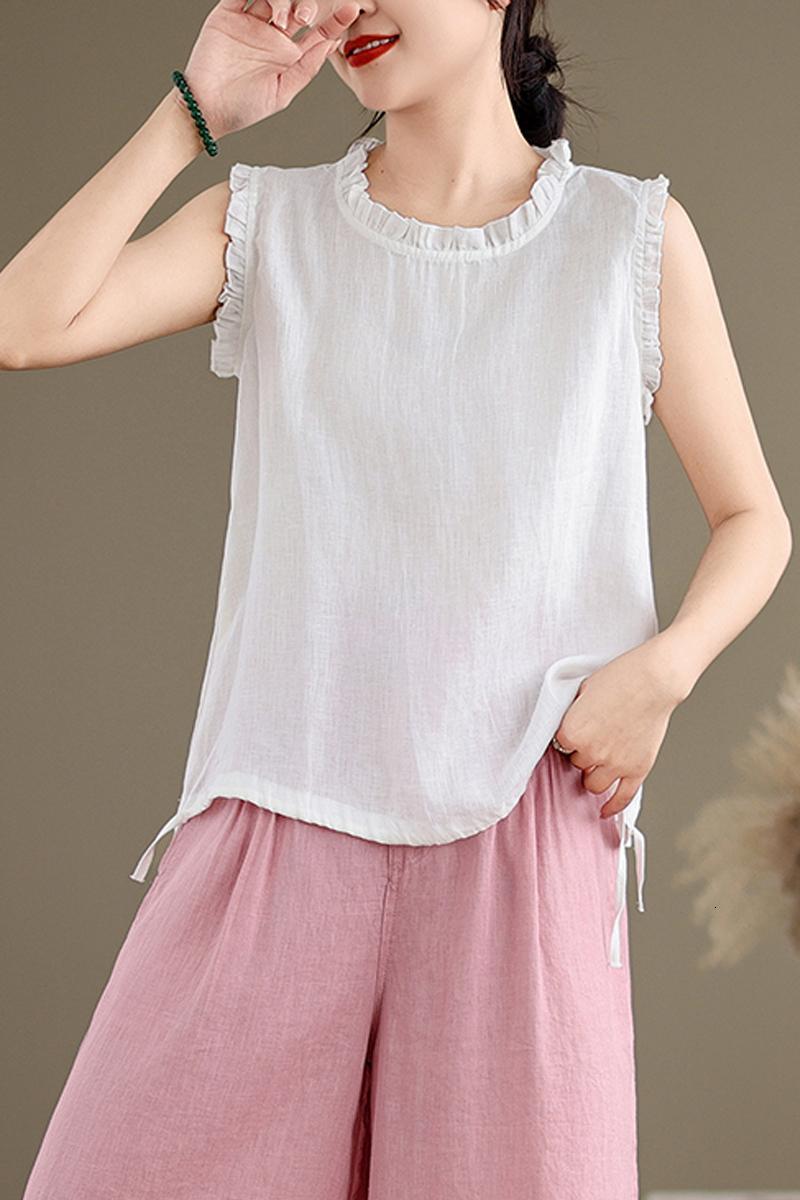 Summer cotton, hemp, fungus edge loose slimming drawstring vest women, solid color base top for outerwear