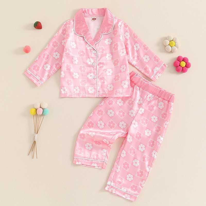 Children and girls 2-piece pajama set with floral print buttons long sleeved shirt and elastic pants loose autumn casual wear pajamasW240716
