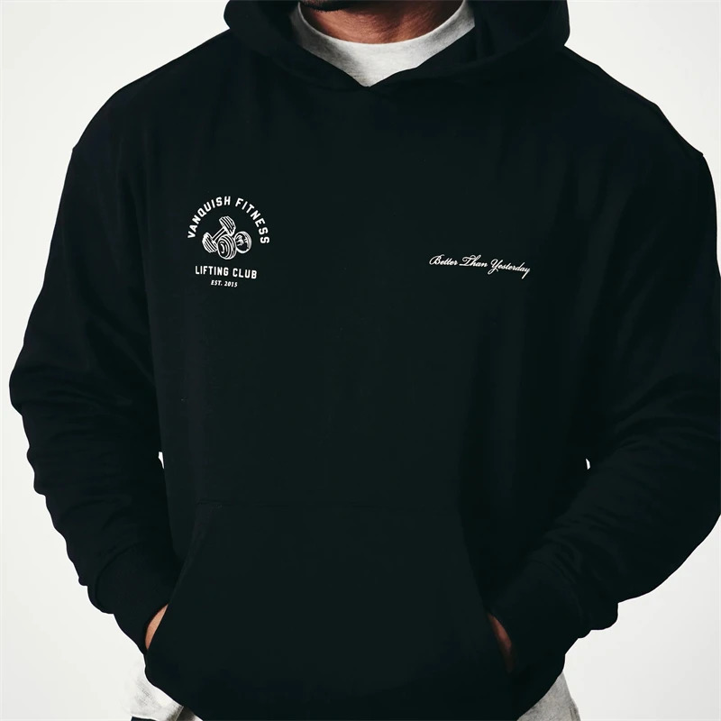 Black Unconquerable Oversized Pullover Hoodie Jogger Gym Sports Fitness Mens Sweatshirt Cotton Round Neck Printed 240718