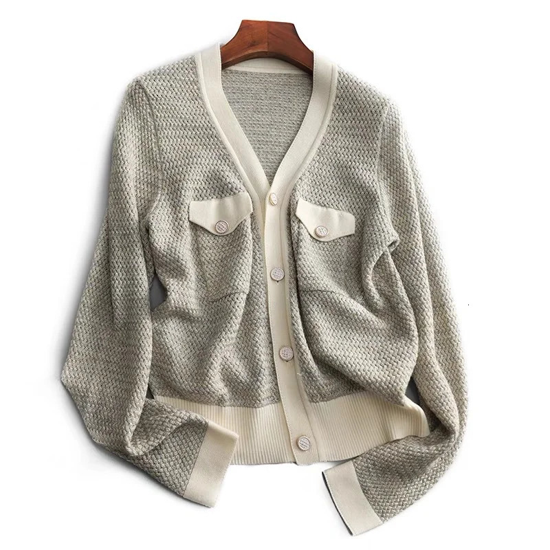 Temperament small fragrant wind cashmere knit cardigan female spring and autumn V-neck jacket loose sweater thin wool coat 240717