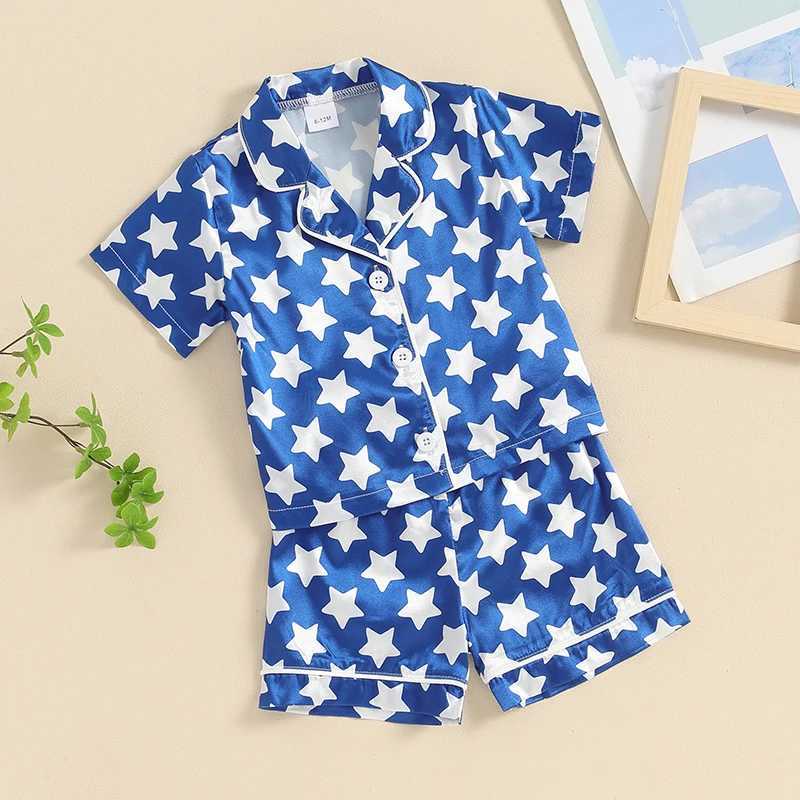1-5 Year Childrens Pajama Set Star/Flower Printed Short Sleeve Shirt July 4th Summer Girls and Boys PajamasW240716