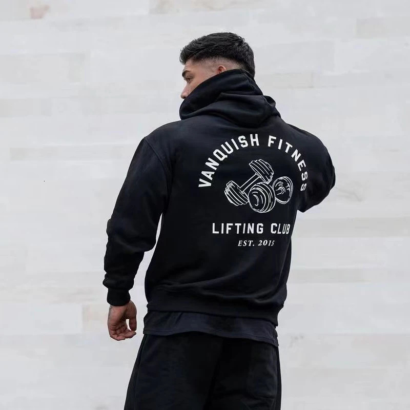 Black Unconquerable Oversized Pullover Hoodie Jogger Gym Sports Fitness Mens Sweatshirt Cotton Round Neck Printed 240718